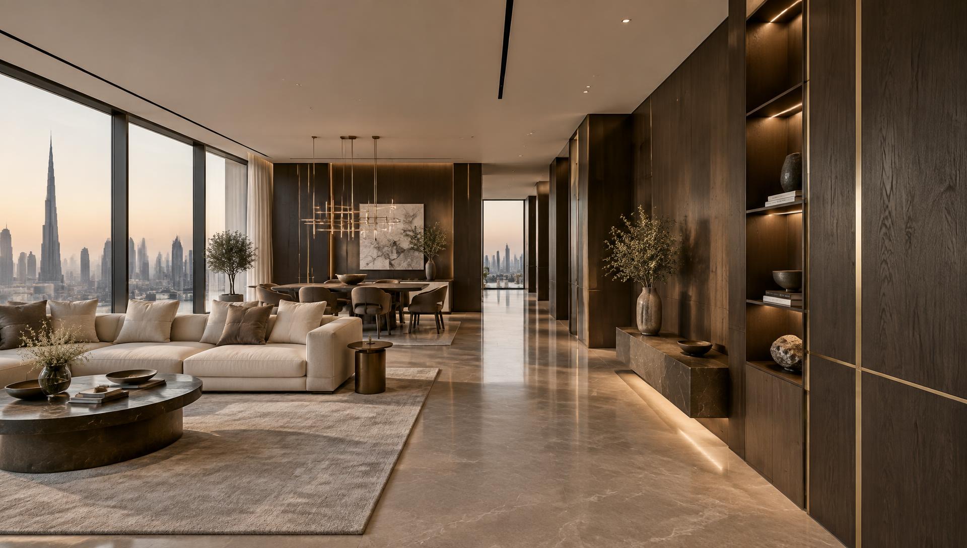 Luxury Dubai interior featuring custom dark wood joinery